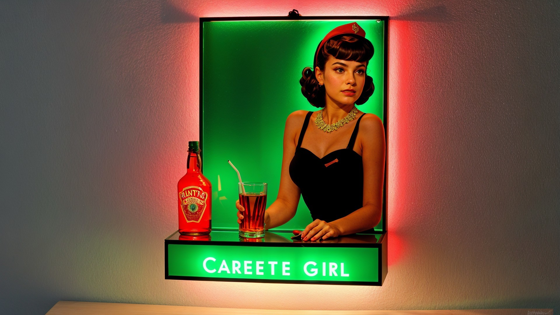 Retro Illuminated Sign with Glamorous Woman and Text