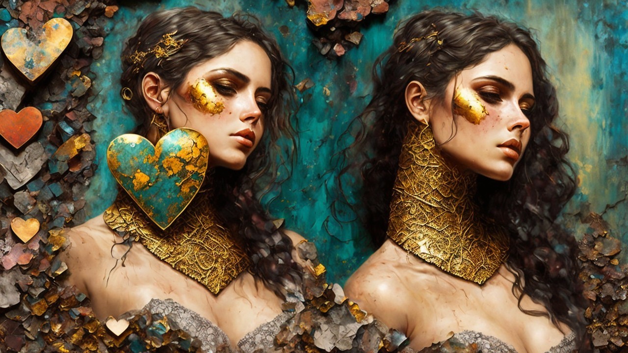 Portraits of a Woman with Golden Accents and Turquoise Background
