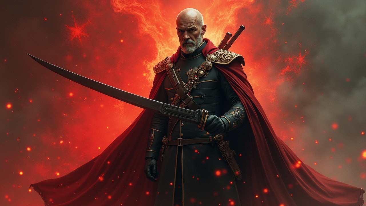 Warrior in Ornate Armor Against Fiery Background