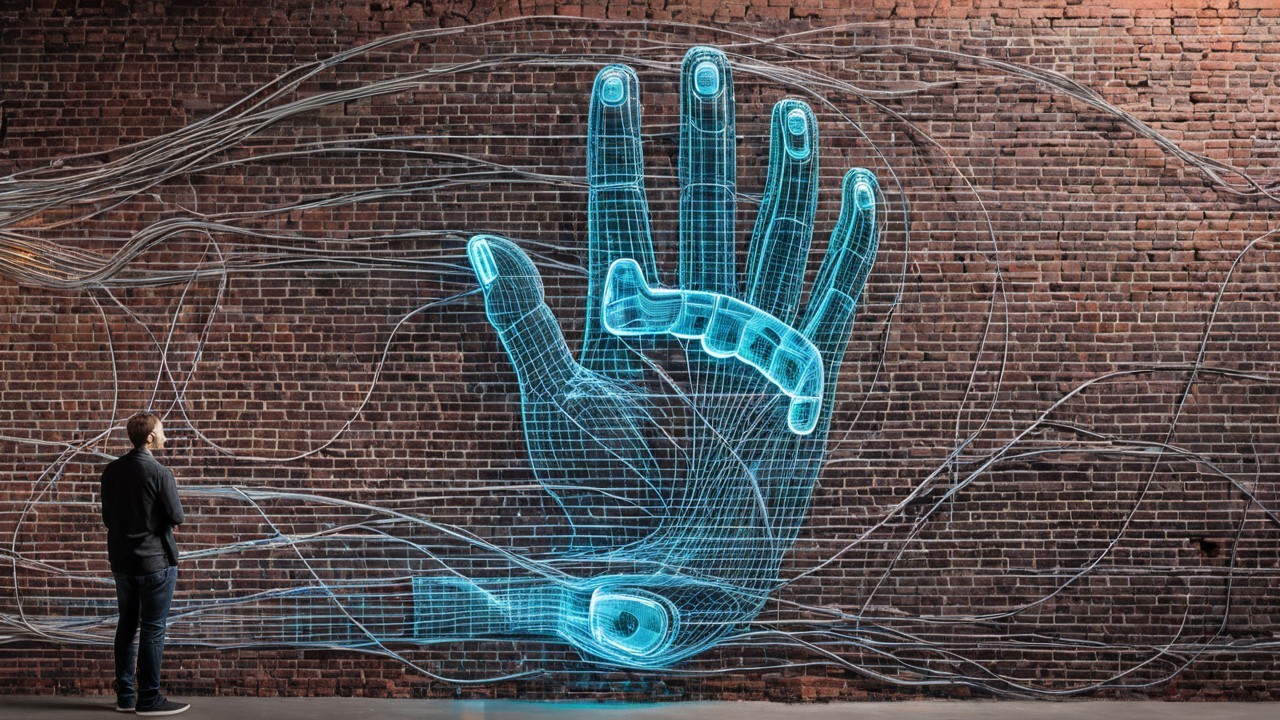 Mural of a Futuristic Holographic Hand on Brick Wall