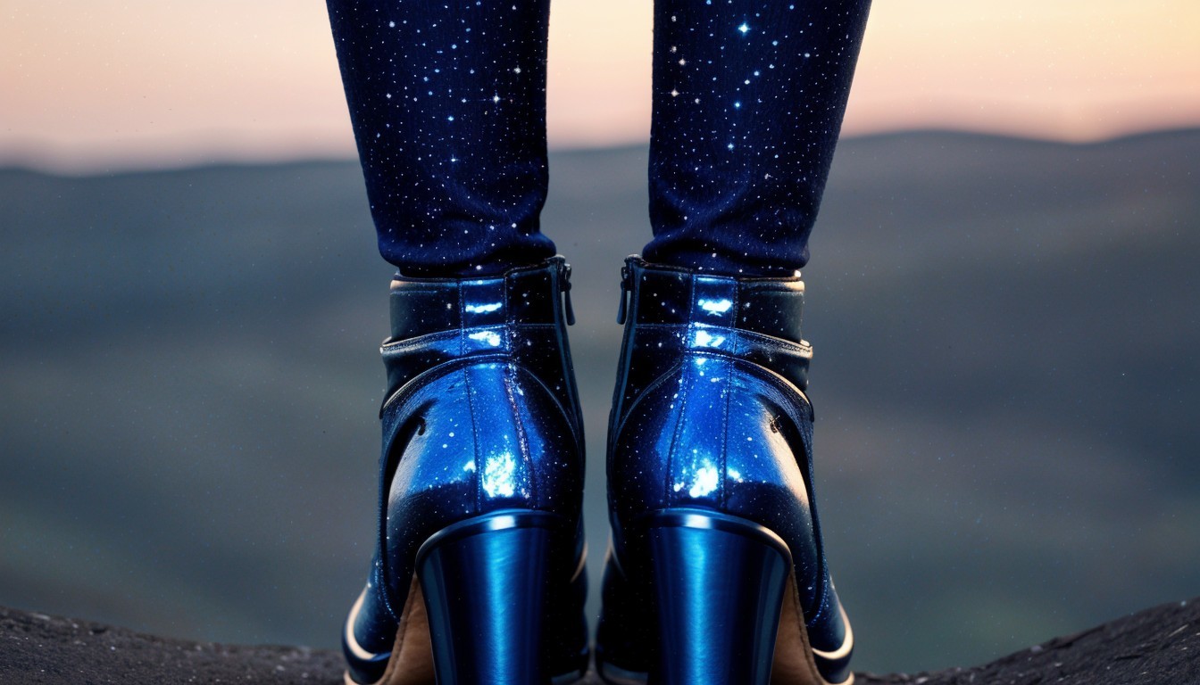Close-Up of Metallic Blue High-Heeled Shoes and Leggings