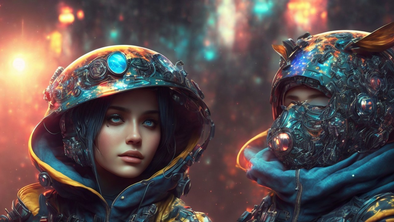 Futuristic Scene with Cosmic Helmets and Colorful Lights