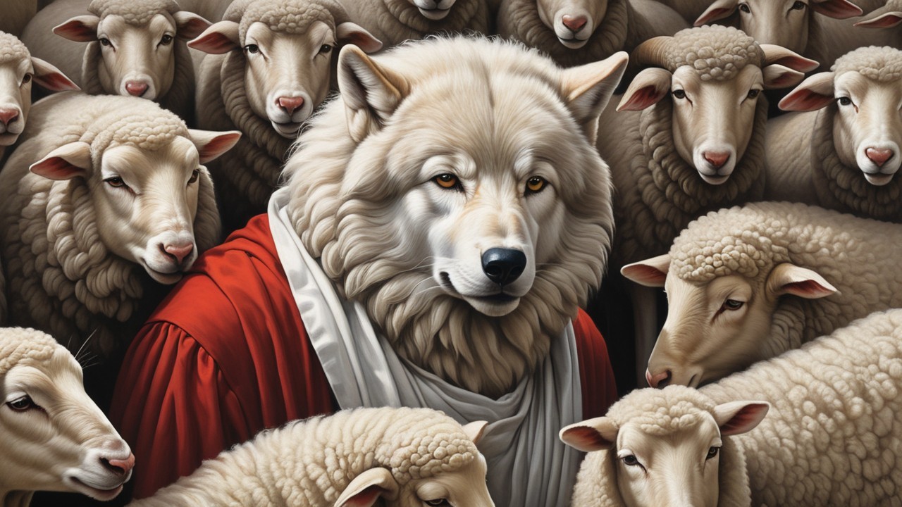 White Wolf in Red Robe Among Calm Sheep Crowd