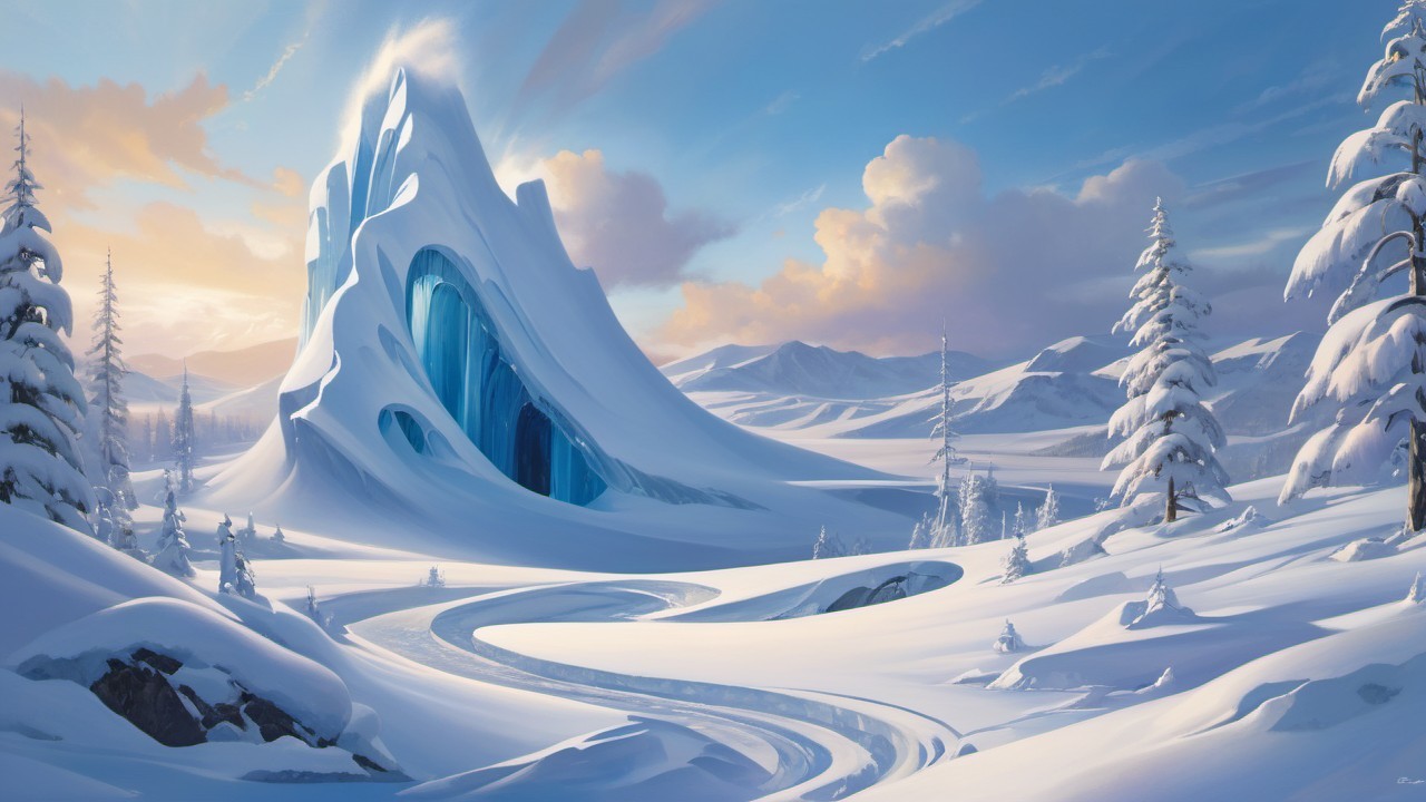 Winter Landscape with Ice Mountain and Snowy Peaks