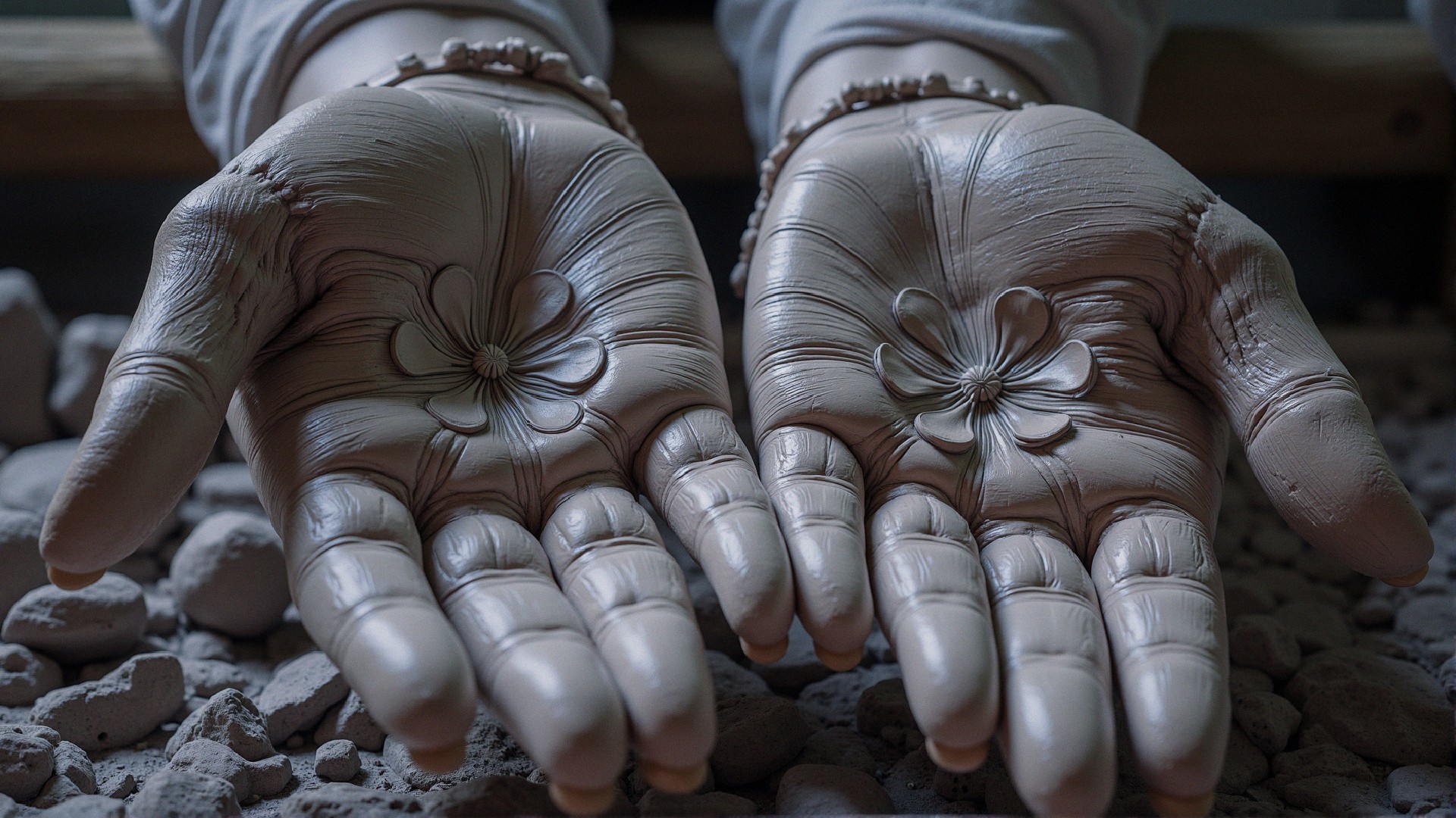 Hands Cradling Intricate Clay Flower Designs