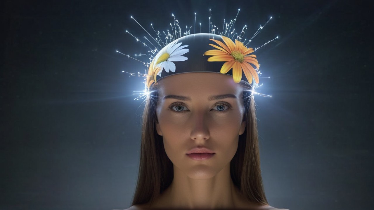 Tranquil Woman with Floral Headpiece and Light Bursts