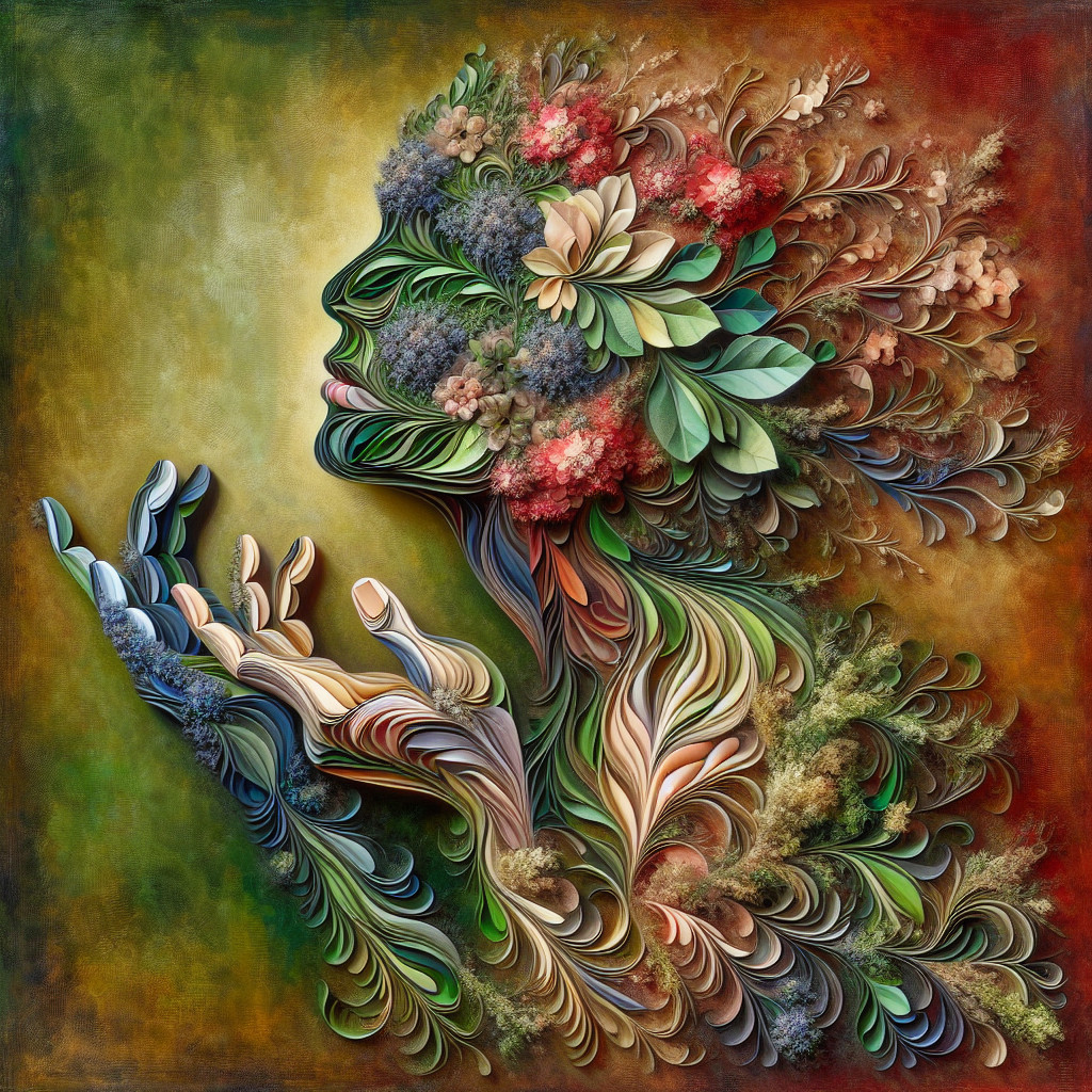 Silhouette Artwork of Face and Hand with Floral Elements