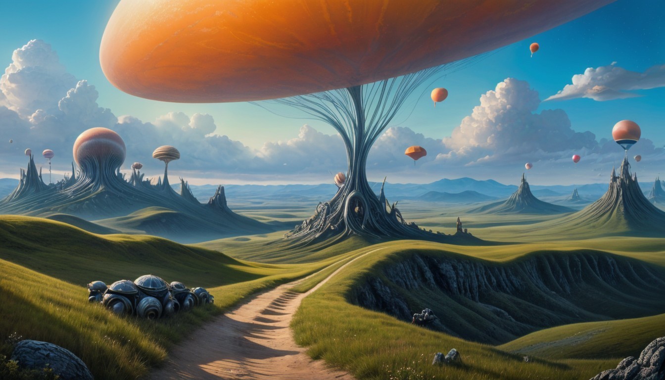 Surreal Landscape with Orange Sky and Floating Balloons