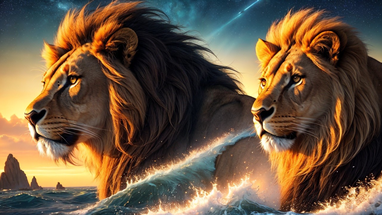 Lions Amidst Sunset and Cosmic Elements