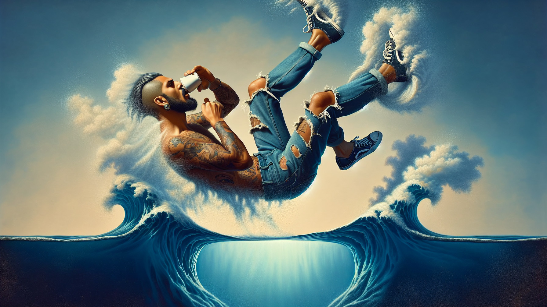 Man with tattoos floating in turbulent ocean waves