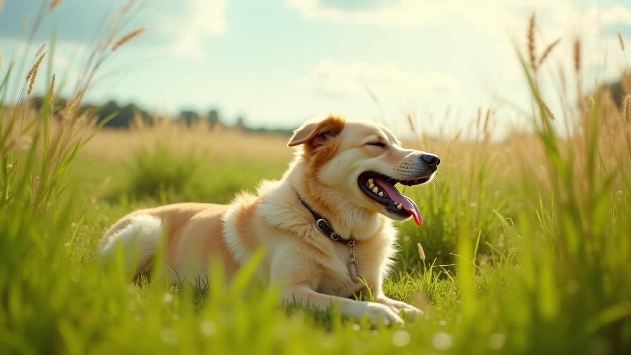 Golden-furred dog relaxing in sunlit field