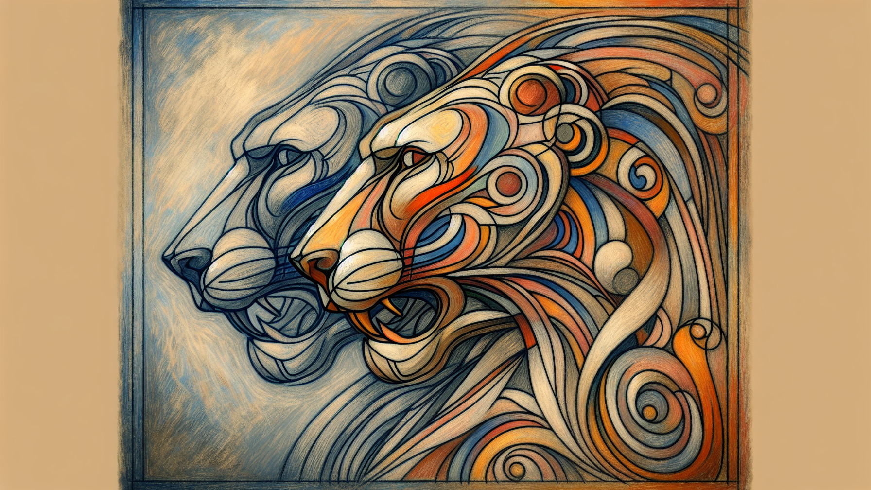 Stylized Illustration of Two Intricate Lion Heads