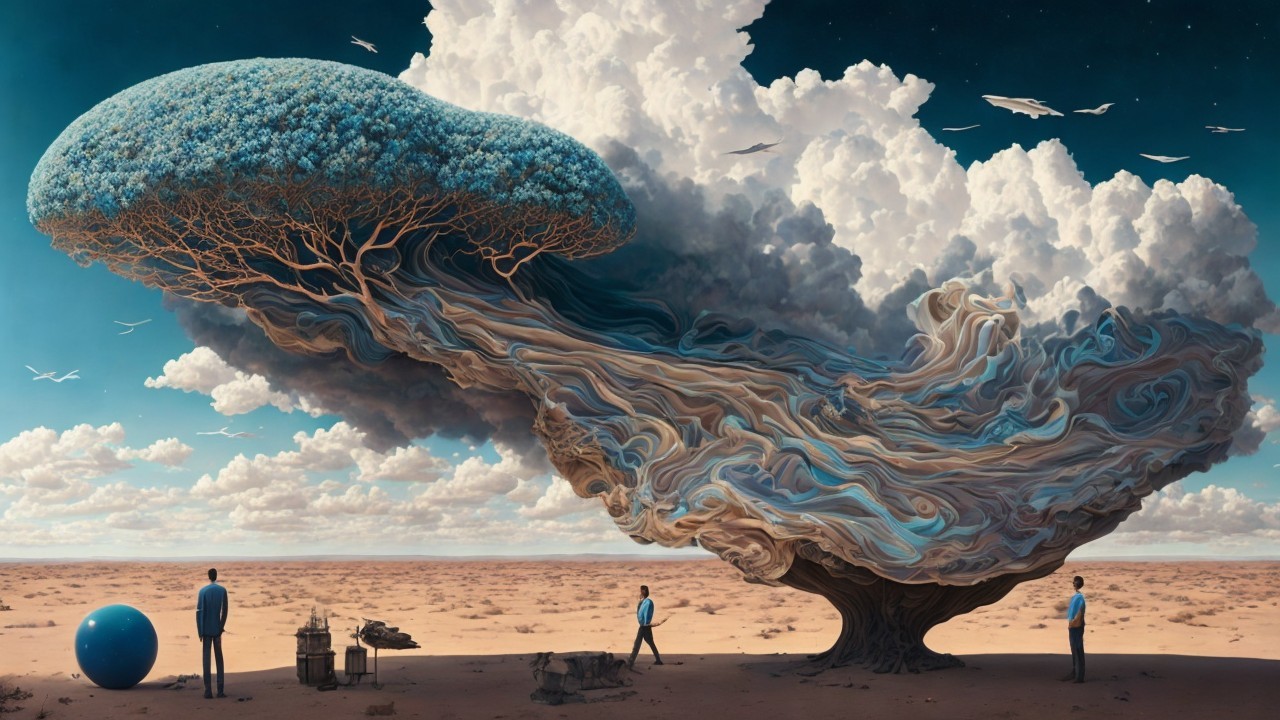 Surreal Landscape with Massive Tree and Dreamlike Elements