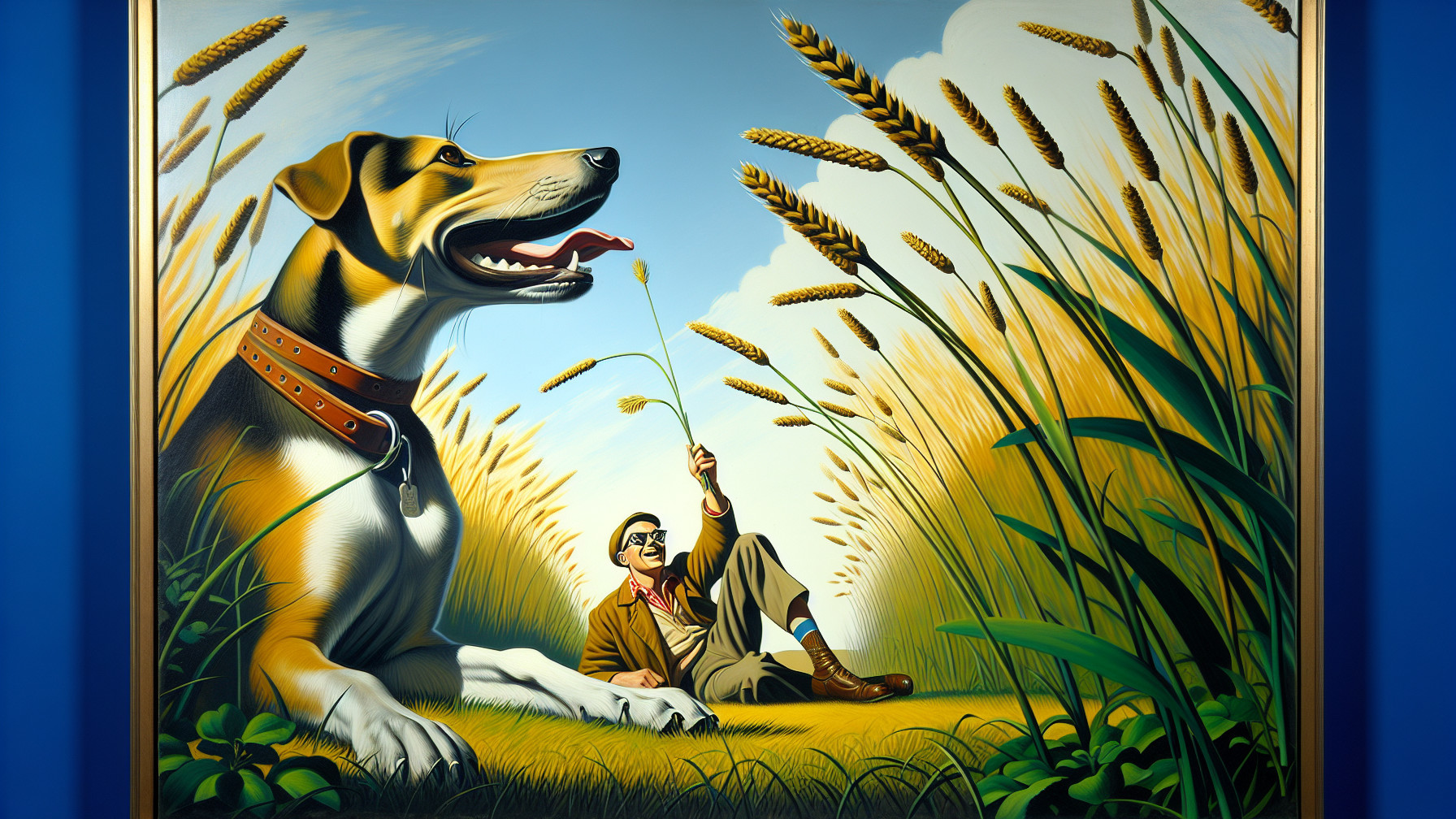 Cheerful man and playful dog in a wheat field scene