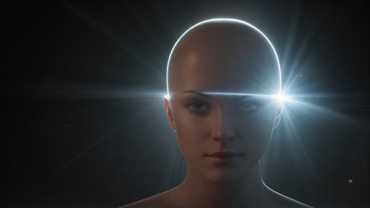 Ethereal Figure with Halo Against Starry Background