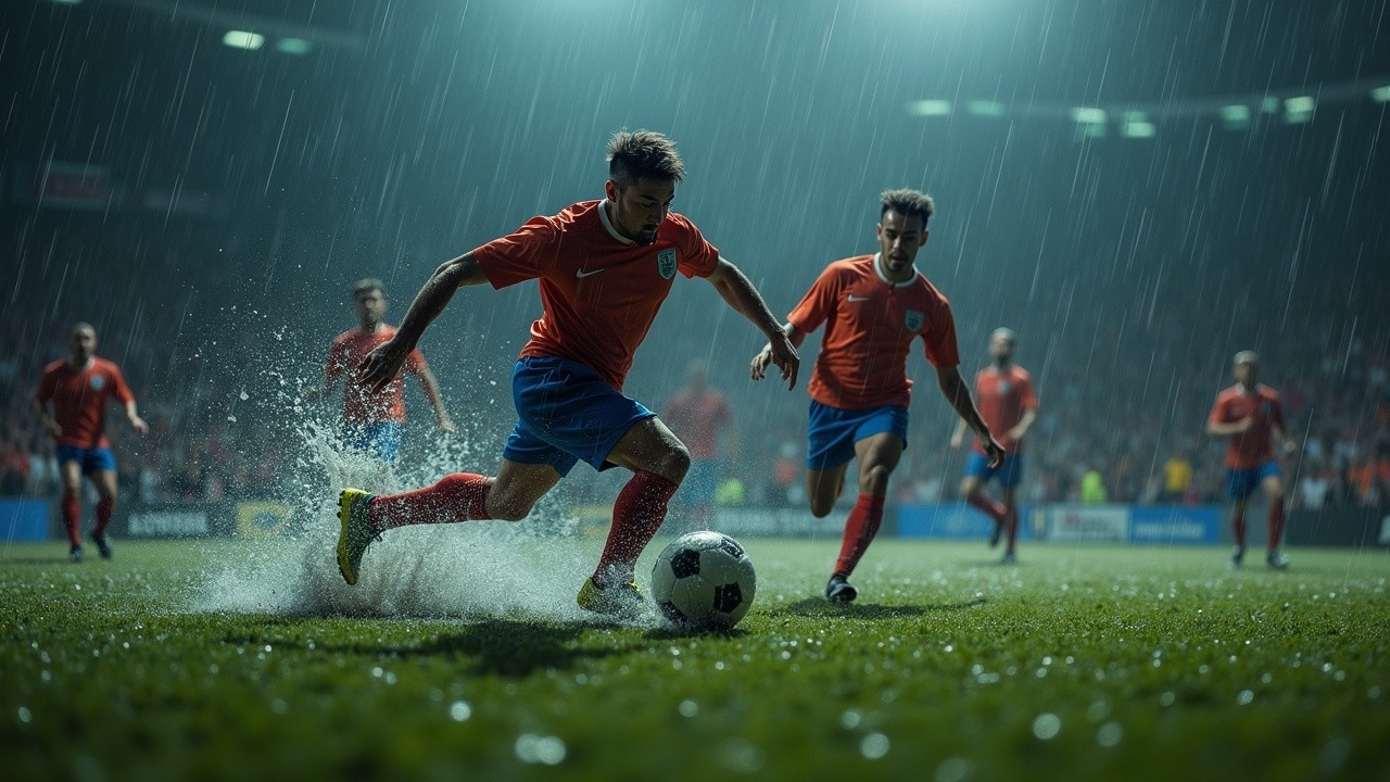 Soccer Player Dribbling in Rainy Match Atmosphere
