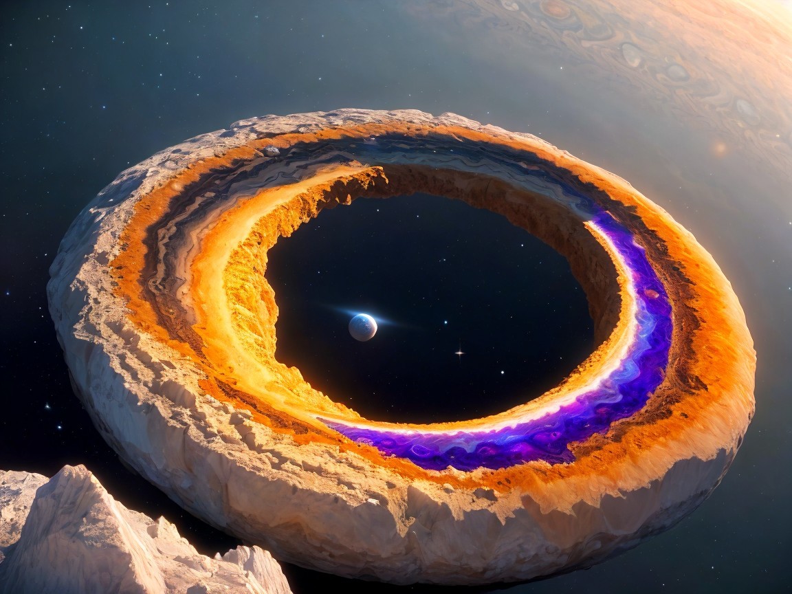 Celestial Scene with Colorful Ring and Distant Planet