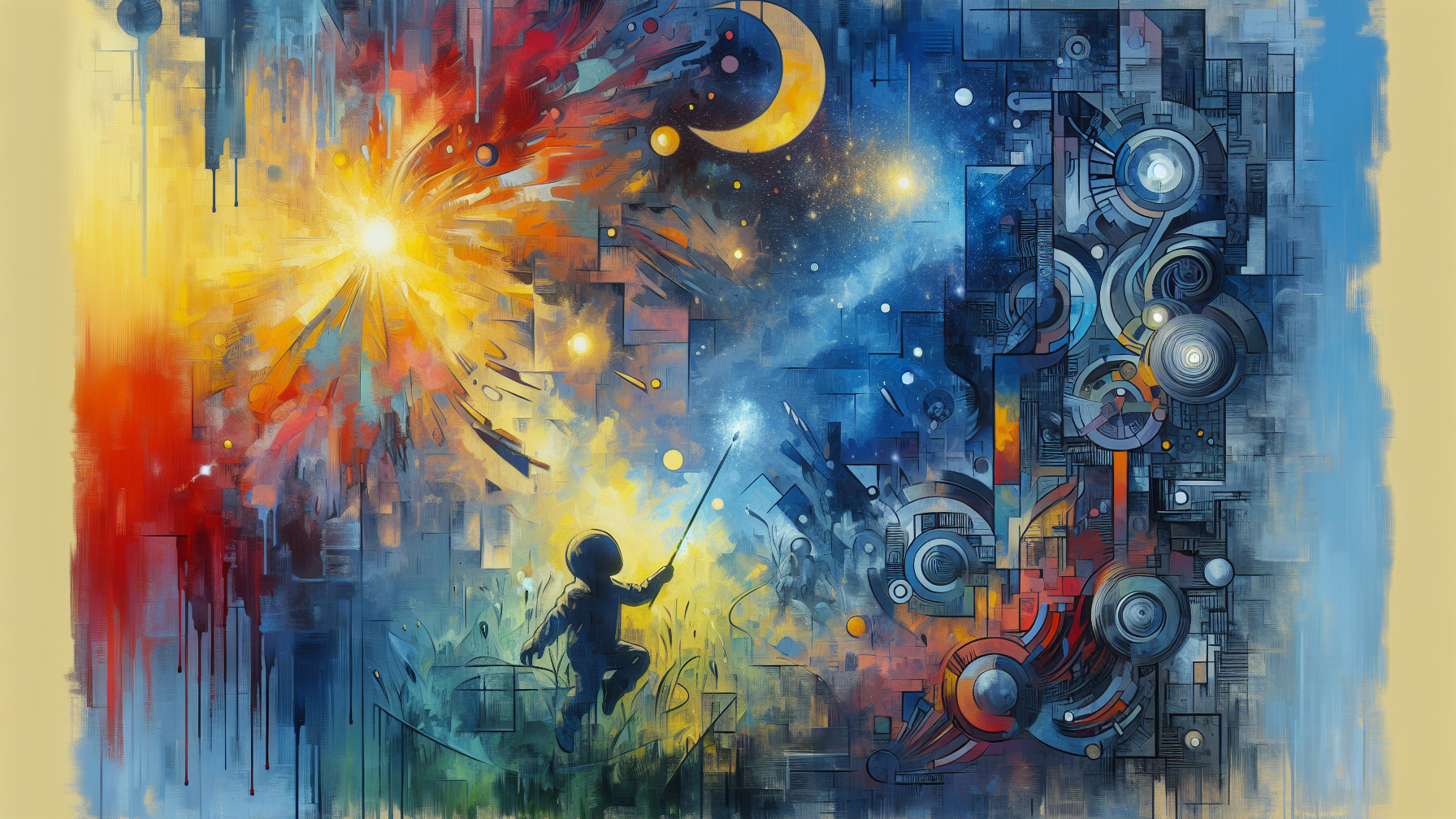 Abstract Cosmic Landscape with Child in Spacesuit