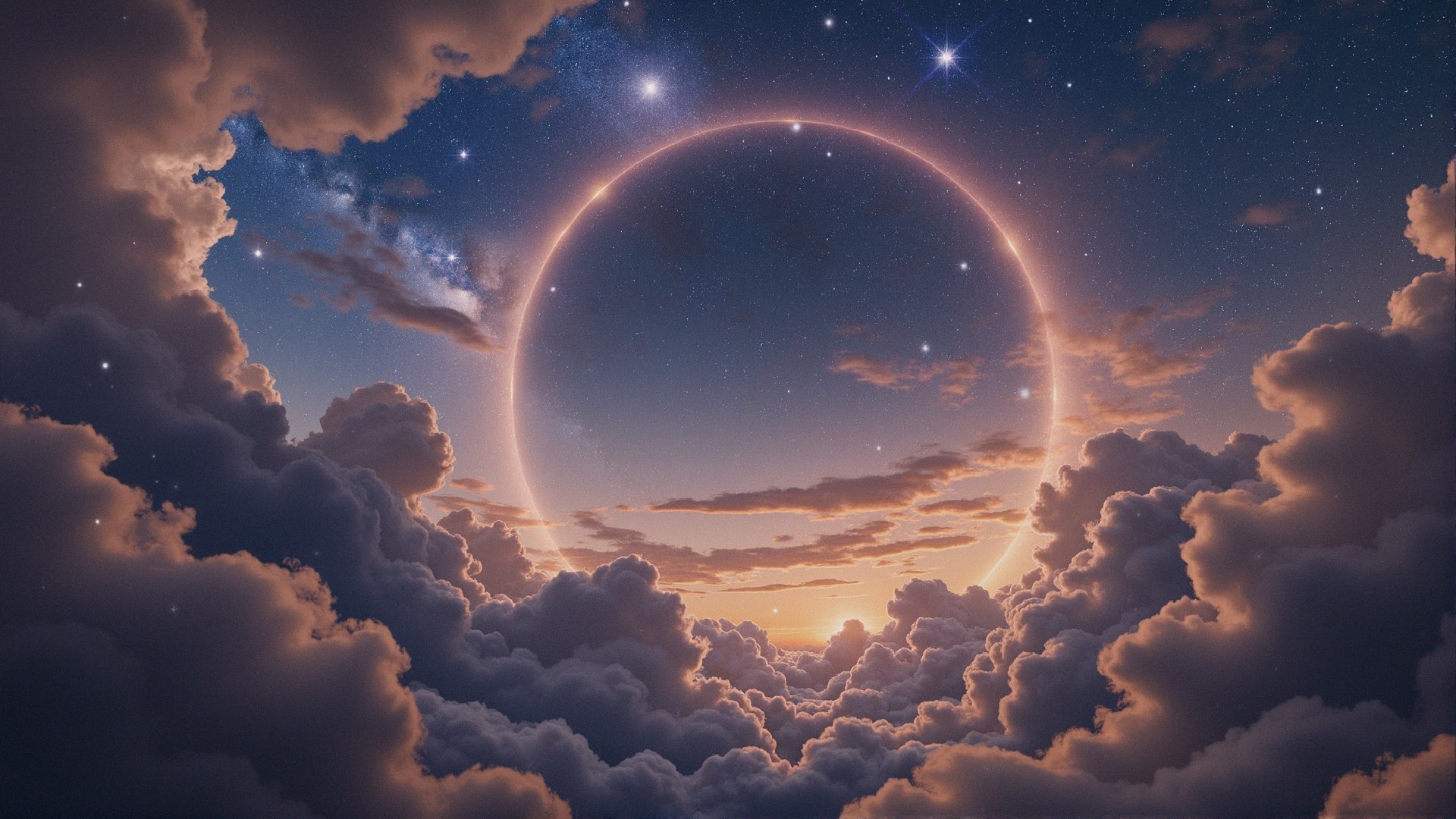 Celestial Scene with Crescent Moon and Vibrant Clouds