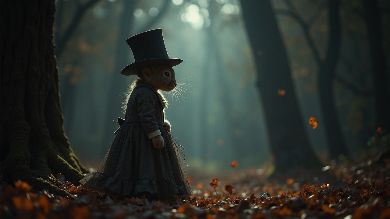 Whimsical Squirrel in Elegant Attire in Misty Forest