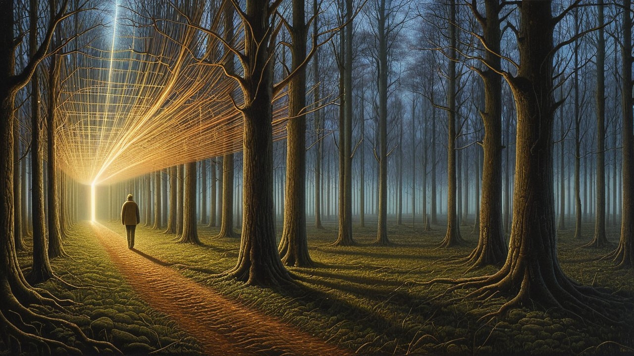 Solitary Figure on Winding Path in Dark Forest
