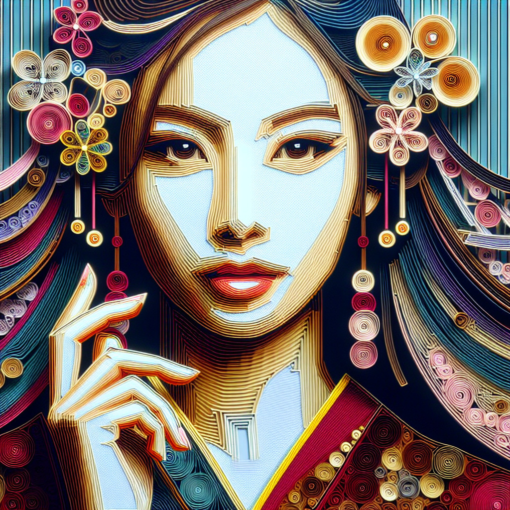 Stylized portrait of a woman with flowing hair and flowers