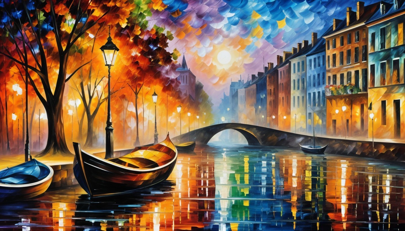 Impressionistic Sunset Scene of a Serene Canal