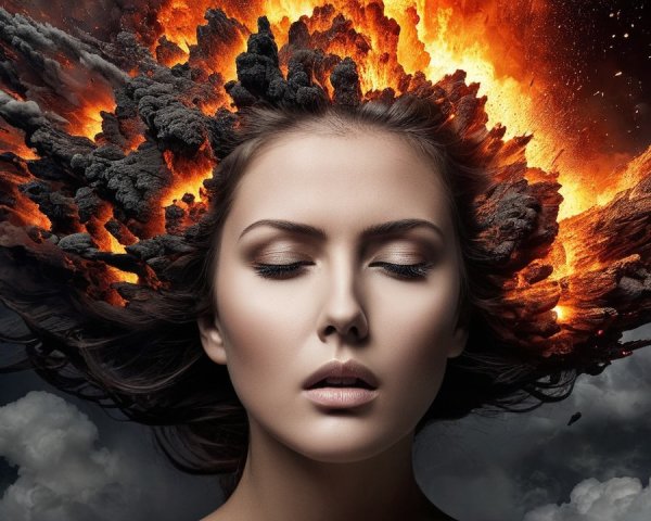 Serene Woman Amid Fiery Explosions and Smoke