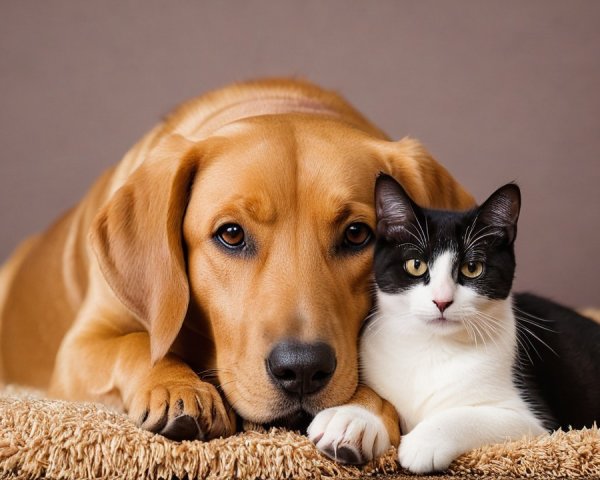 Golden Retriever and Cat Sharing a Cozy Moment