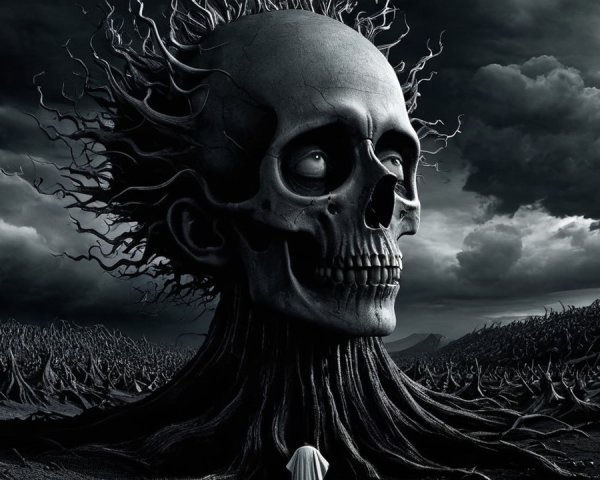 Gothic Landscape with Massive Skull and Eerie Atmosphere