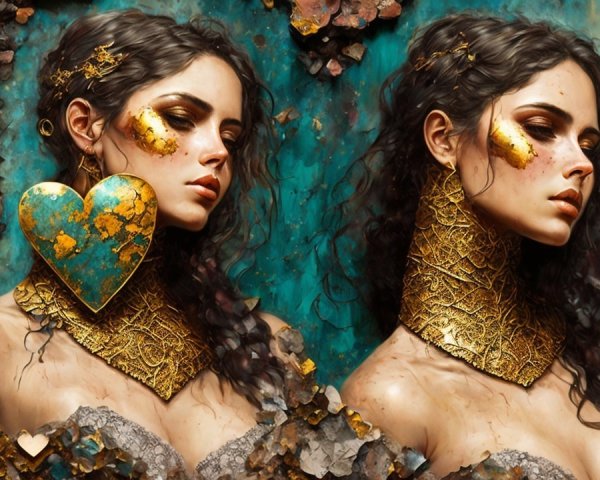 Portraits of a Woman with Golden Accents and Turquoise Background