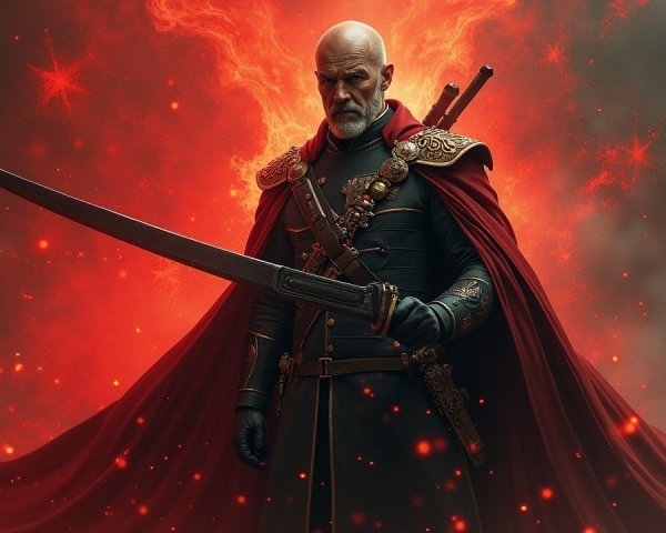 Warrior in Ornate Armor Against Fiery Background