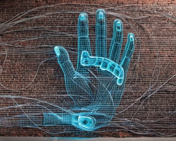 Mural of a Futuristic Holographic Hand on Brick Wall