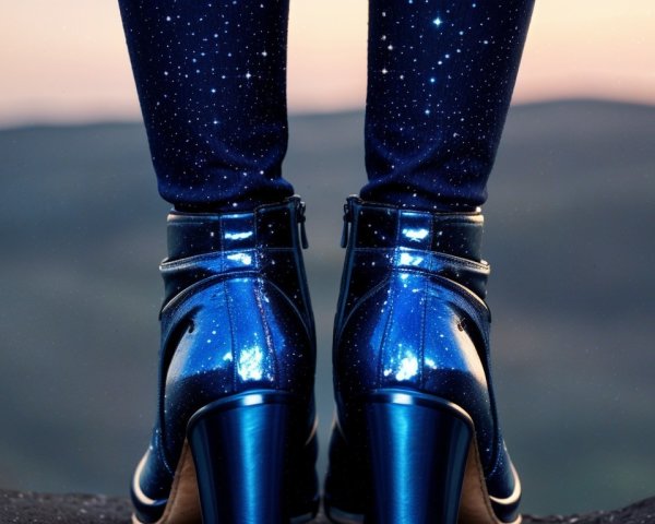 Close-Up of Metallic Blue High-Heeled Shoes and Leggings