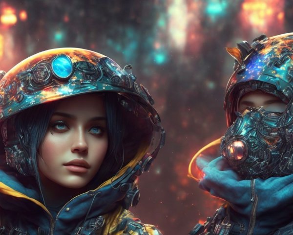 Futuristic Scene with Cosmic Helmets and Colorful Lights
