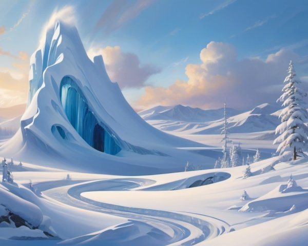 Winter Landscape with Ice Mountain and Snowy Peaks