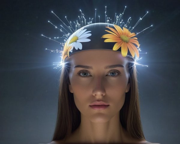 Tranquil Woman with Floral Headpiece and Light Bursts