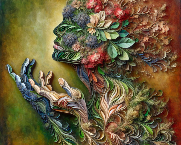 Silhouette Artwork of Face and Hand with Floral Elements