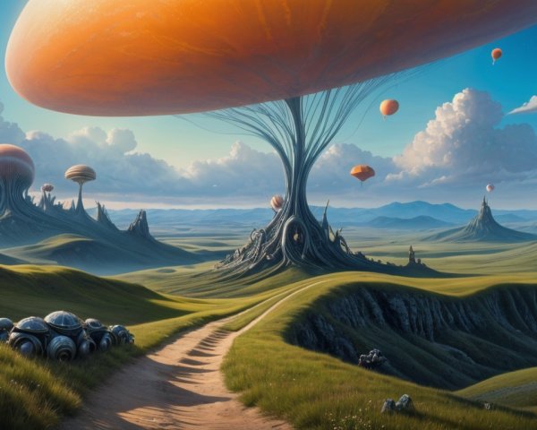 Surreal Landscape with Orange Sky and Floating Balloons