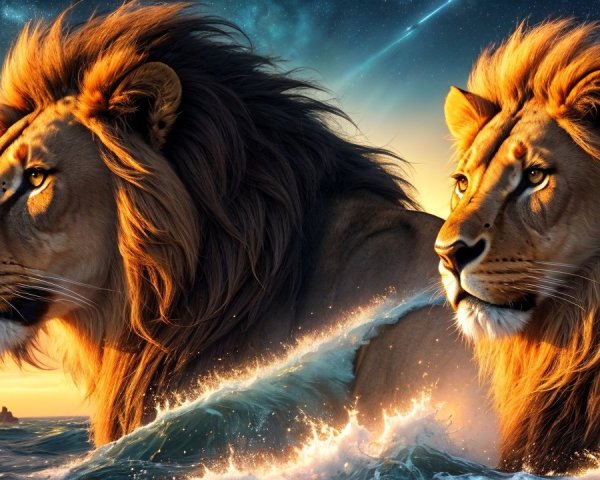 Lions Amidst Sunset and Cosmic Elements