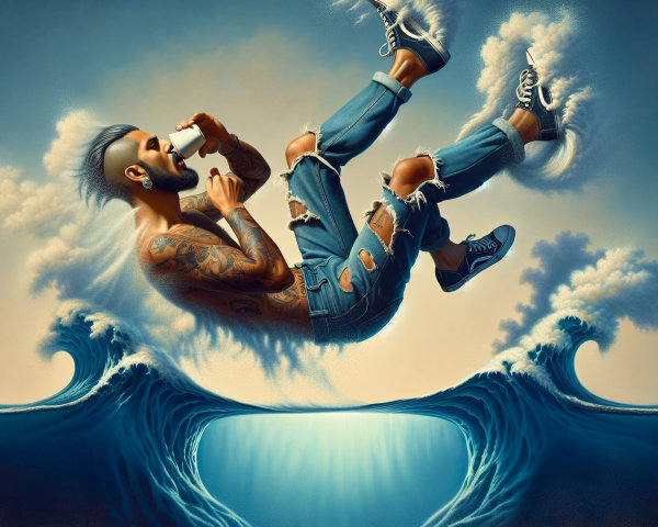 Man with tattoos floating in turbulent ocean waves