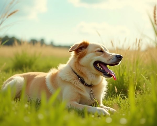 Golden-furred dog relaxing in sunlit field