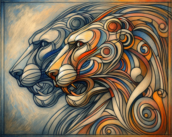 Stylized Illustration of Two Intricate Lion Heads