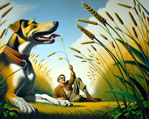 Cheerful man and playful dog in a wheat field scene