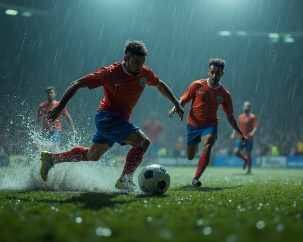 Soccer Player Dribbling in Rainy Match Atmosphere