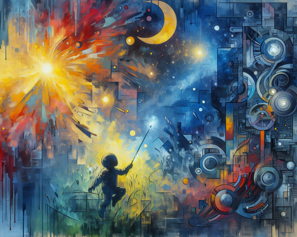 Abstract Cosmic Landscape with Child in Spacesuit