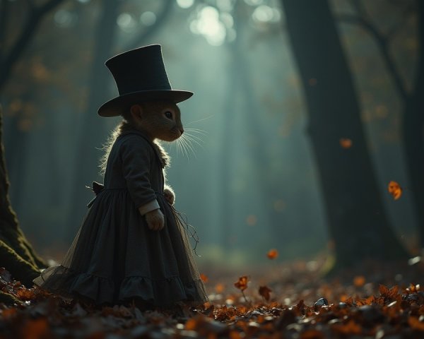Whimsical Squirrel in Elegant Attire in Misty Forest