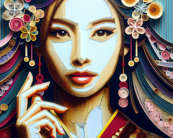 Stylized portrait of a woman with flowing hair and flowers