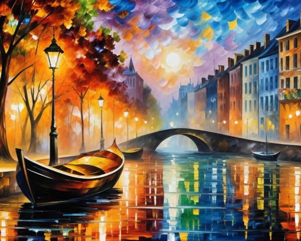 Impressionistic Sunset Scene of a Serene Canal