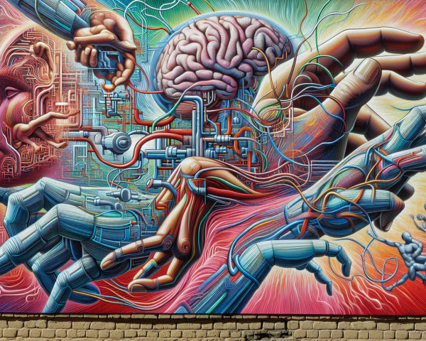 Vibrant Mural of Human Head and Circuitry Elements